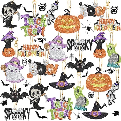 Outus 24 piezas de Halloween 5D calabaza fantasma bruja sombrero DIY diamante pintura llaveros decorativos doble cara diamante llavero kit niños