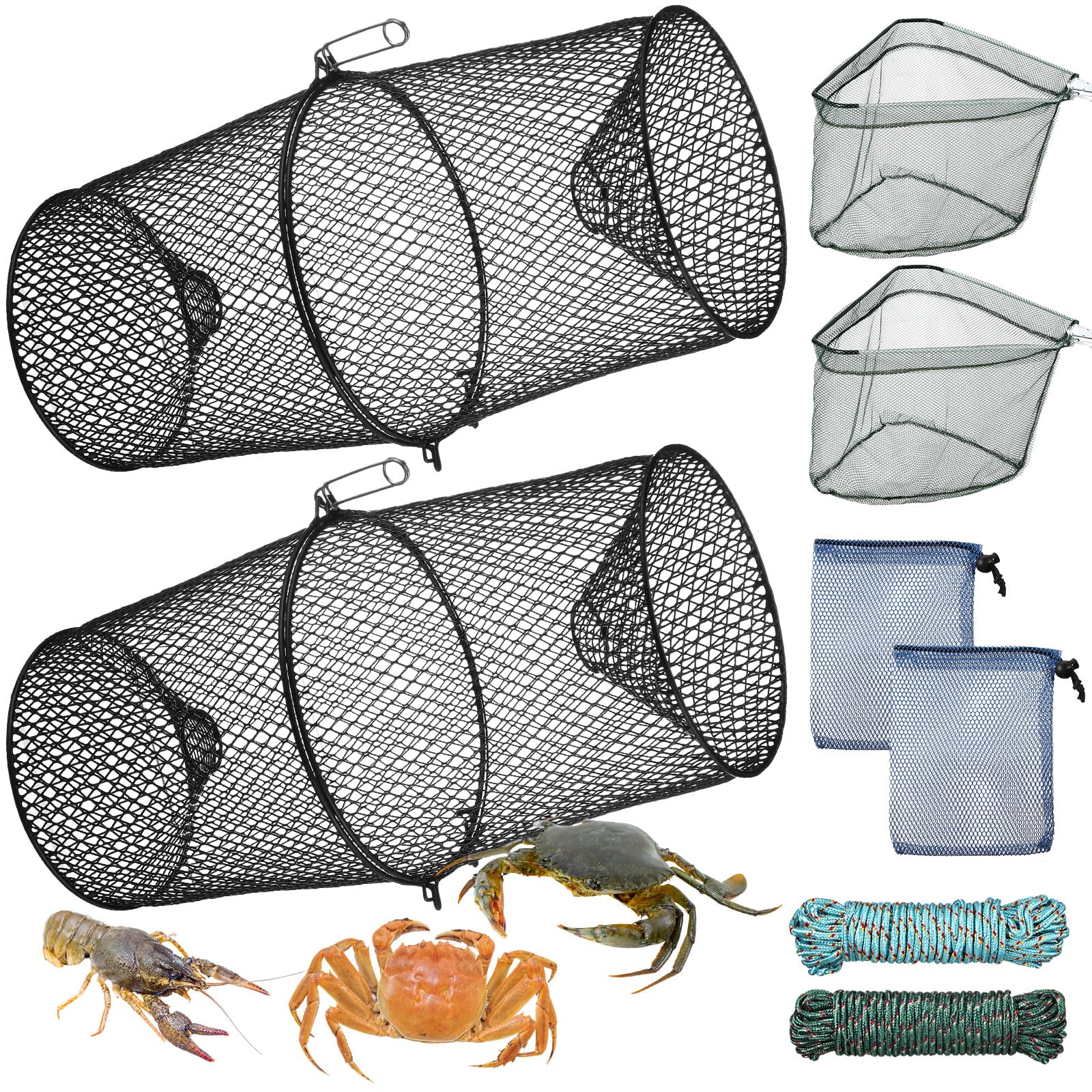 2 Set Minnow Trap Crawfish Trap with Closure Spring Clip Hand Ropes Bait Bag and Fishing Landing Net Bait Trap for Crayfish Crawdad Lobster Crab Metal Net Cage Fishing Accessories