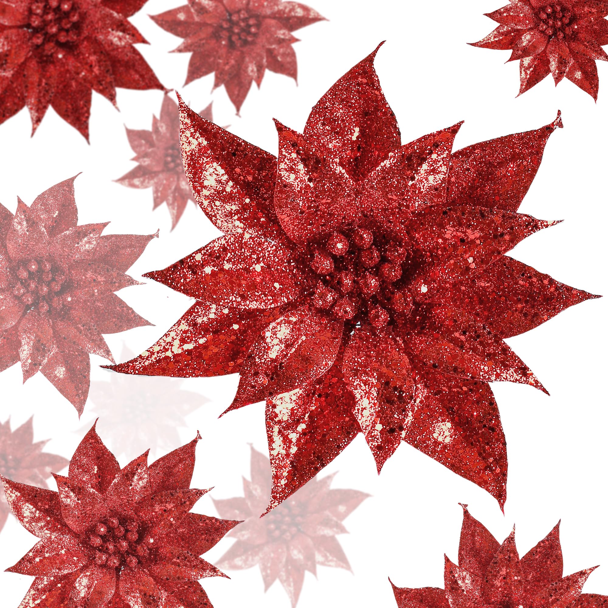 Sggvecsy 15 Pcs Christmas Glitter Flowers Christmas Tree Ornaments Shining Artificial Poinsettia Christmas Flowers Decoration with Clips for Xmas Holiday Wedding Wreath Party Floral Decorations(Red)