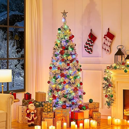 Miniatura 2 de Yaheetech Árbol de Navidad flocado de nieve preiluminado de 6 pies, pino artificial con bisagras de alta calidad con 250 luces LED coloridas y 564