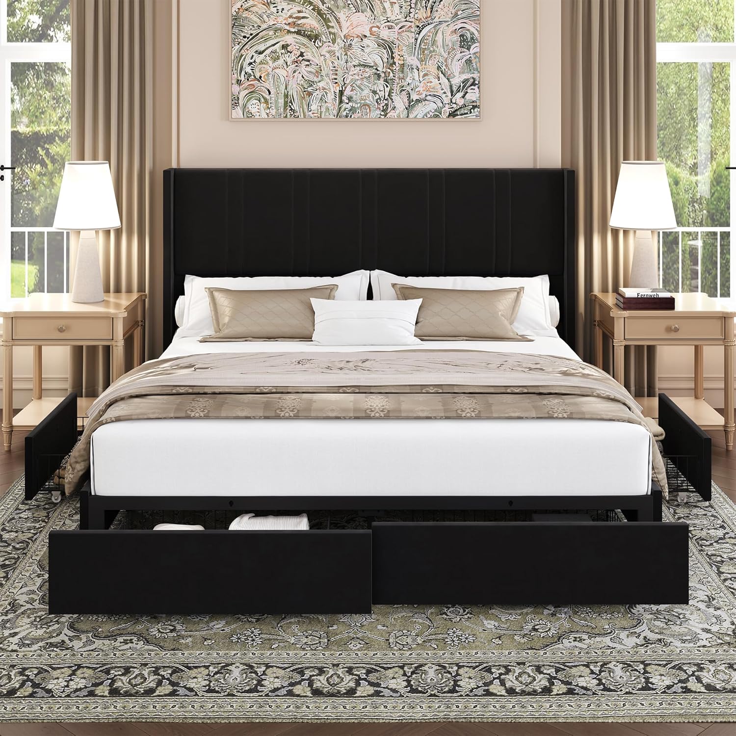 BRELTAM Queen Size Bed Frame with 4 Storage Drawers Velvet Upholstered Platform Bed with Wingback Headboard, No Box Spring Needed, Easy Assembly, Black