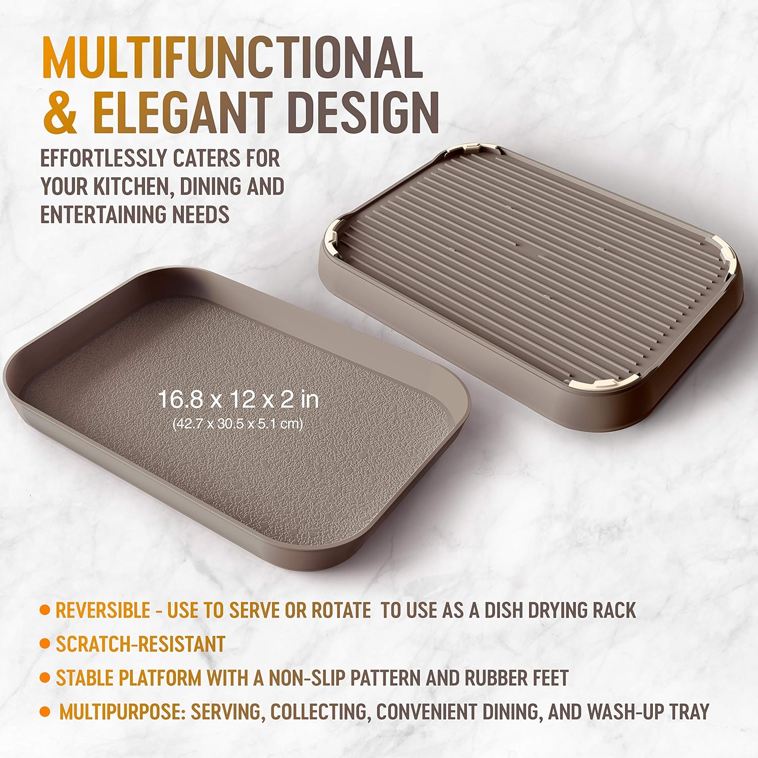  | Mueller Reversible Serving Tray, European Made Platter, 2in1, Rectangular Non-Slip Tray, Shatter-Proof, Non-Toxic, for Coffee Table, Kitchen, Outdoors, Dishwasher Safe, Mocha: Serving Trays
