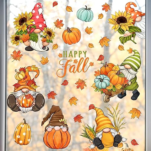 Miniatura 3 de Mfault Gnomo de feliz otoño para ventana, 9 hojas, cosecha de otoño, calabaza, girasol, granja, calcomanías decorativas, hojas de arce, Acción de