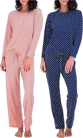 Real Essentials 2 Pack: Womens Pajama Set Super-Soft Short & Long Sleeve Top With Pants (Available In Plus Size)