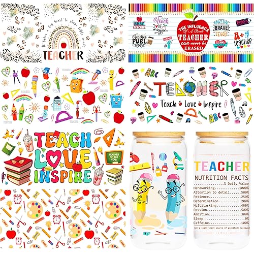 UV DTF Cup Wrap Transfer - 8 Sheets UV DTF Transfers Stickers for 16 OZ Glass, Classroom Style, Book, Blackboard, Globe, Ruler Design, Teacher Appreciate, Back to School Craft