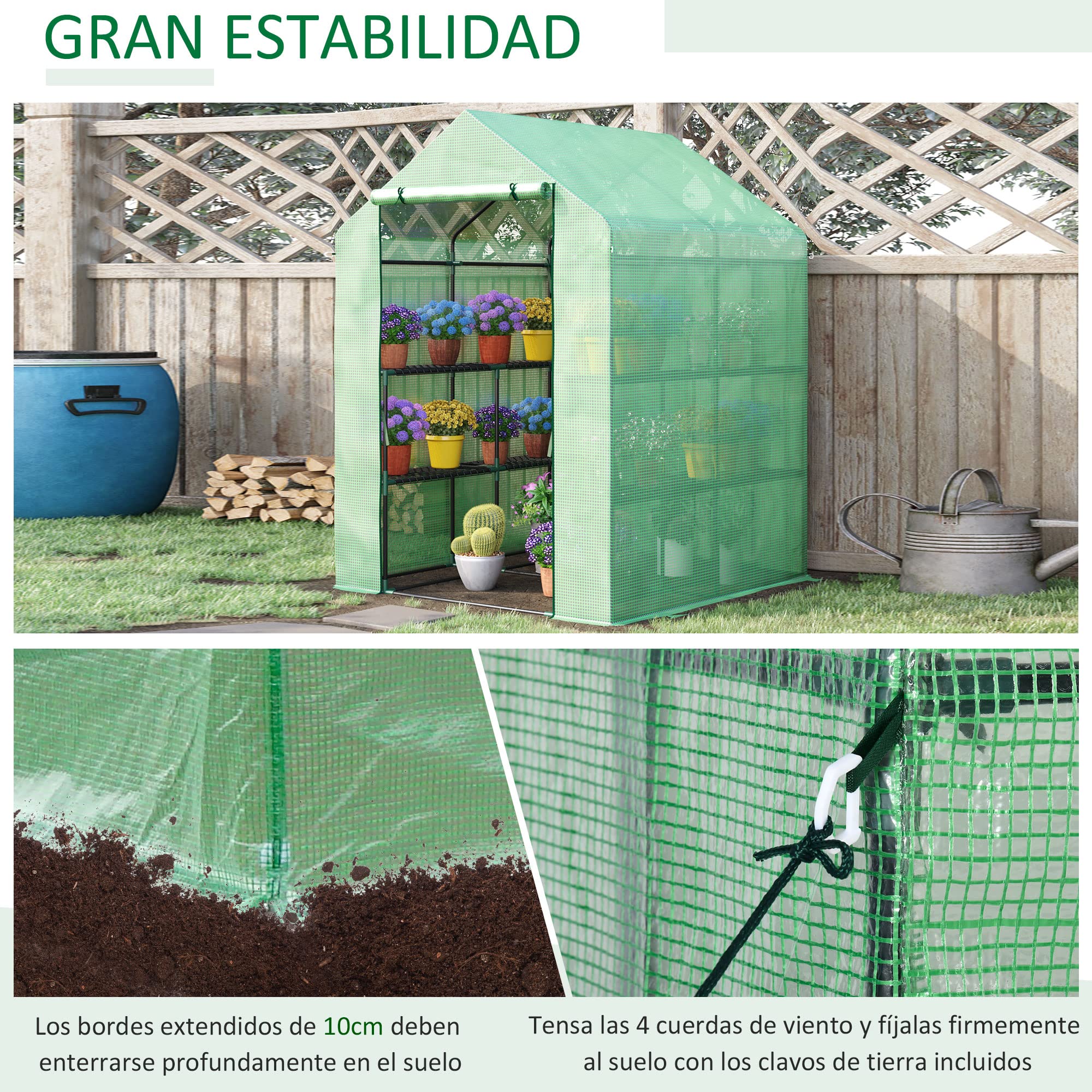 Outsunny Invernadero de Jardín Tipo Caseta 143x138x190 cm Verde | Invernadero de Exterior, 2 Niveles, 4 Estantes, Puerta Enrollable, Marco de Acero y Cubierta de Pe 140g/㎡