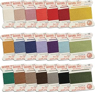 Griffin Silk Bead Cord Perlseide – Size 10 (0.90mm) 21 Color Sampler – 2 Meters per Card – Stainless Steel Needle Attached – for Knotting Pearls, Gemstones, Crystals and Beads