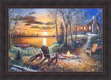 Fireside by Jim Hansel 24x33 Adirondack Chairs Camp Fire Log Cabin Sunset Lake Framed Art Print Picture