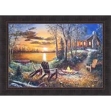 Fireside by Jim Hansel 24x33 Adirondack Chairs Camp Fire Log Cabin Sunset Lake Framed Art Print Picture