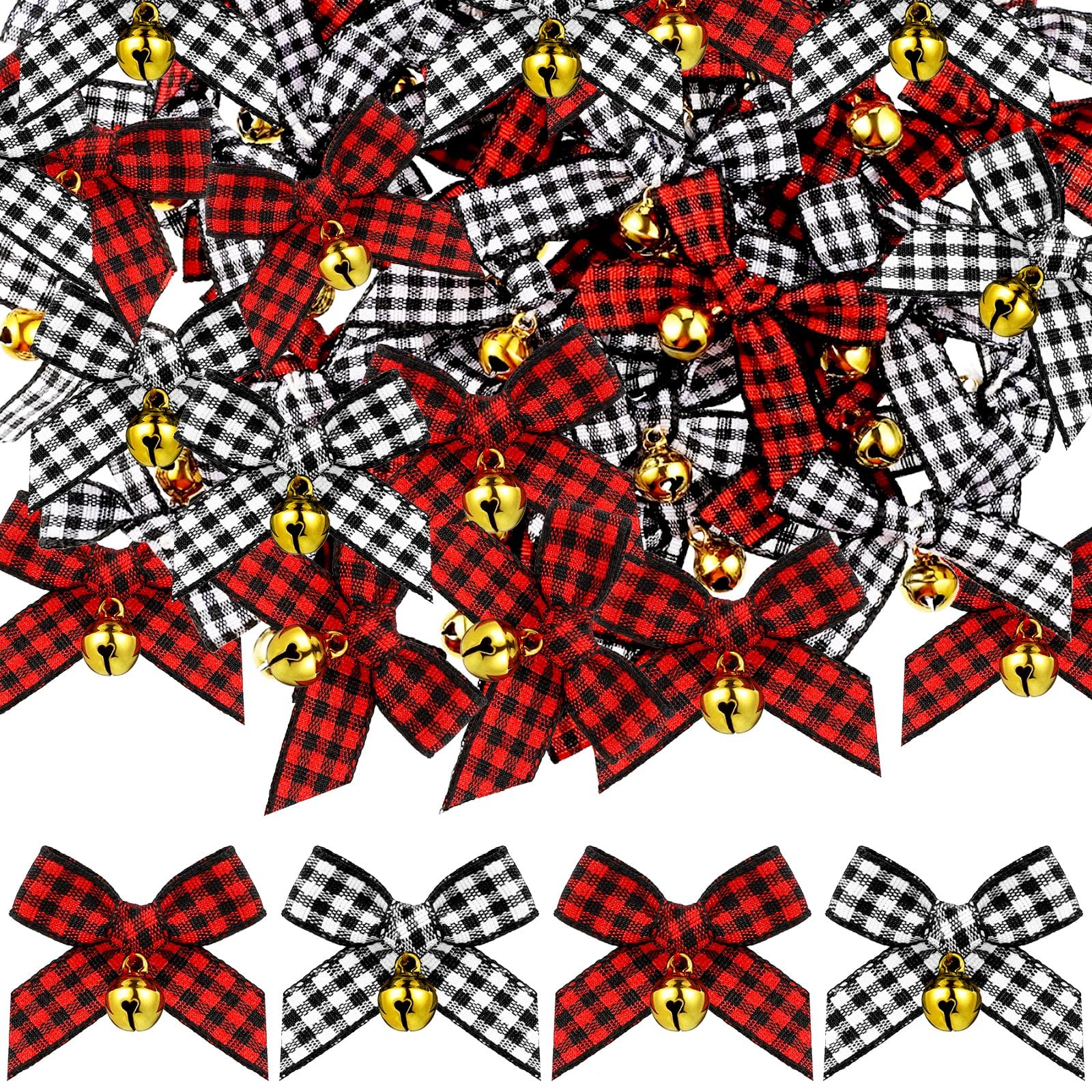 50 Pieces Christmas Bow with Bell Mini Plaid Bows Buffalo Plaid Bow Gingham Bow Xmas Bells for Christmas Tree Crafts Home Decoration DIY Making Ornament (Black and White, Red and Black)