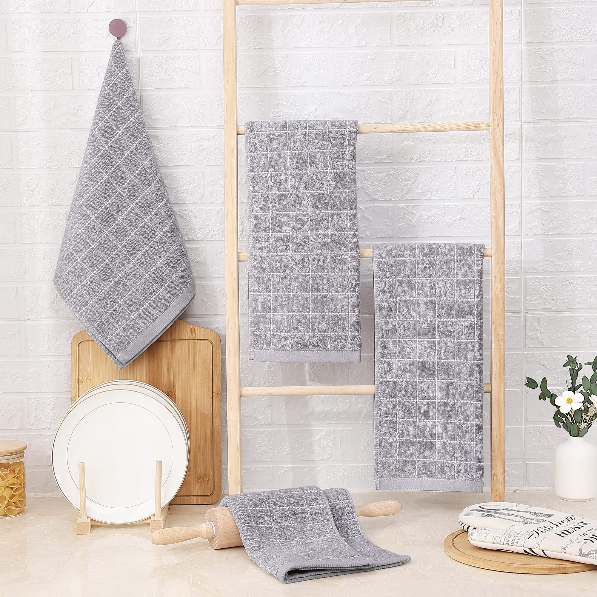 Homaxy Lot de 8 torchons de Cuisine en Tissu éponge 100% Coton (Gris Clair, 33 x 71,1 cm), Doux et Super absorbants, Motif à Carreaux