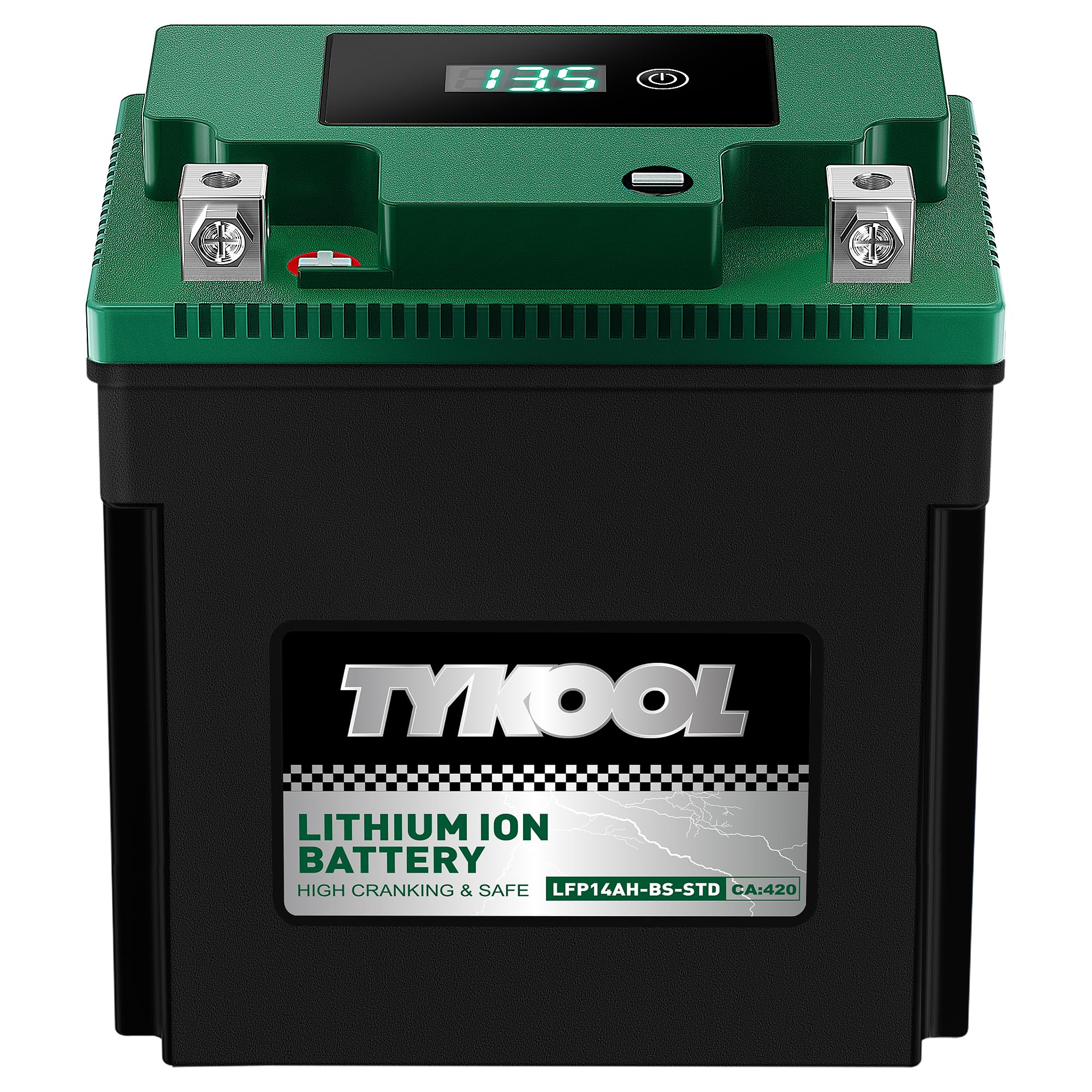 TYKOOLYTX14AH-BS-STD, LiFePO4 Lithium Motorcycle Battery,12.8V 7Ah,420CCA,5X Longer Life,Digital Readout, Powersports Battery,Fits for ATV, UTV, Scooter, Snow mobile,Polarity:[+ -]