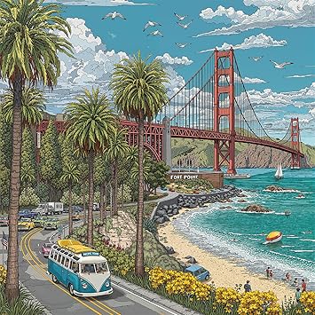 1000 Piece Jigsaw Puzzle for Adults, Vintage California Coastline with Golden Gate Bridge, Palm Trees & Tour Bus, Color-Coded Back, Coastal Dreams, 22.5 x 22.5 in