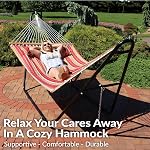 Sunnydaze Quilted Double Hammock with Stand for Outside - 440 lb Capacity Universal Black Steel Stand - UV Resistant, Quick Dry Fabric - Pillow, Chains, and Hardware Included - Red Stripes