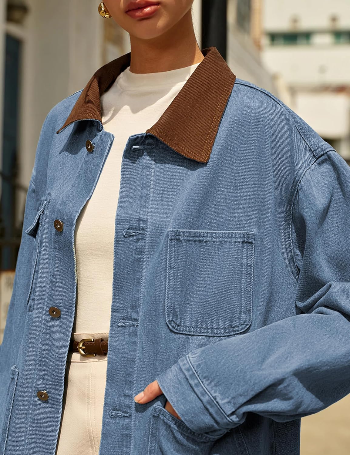 Zontroldy Women's Contrast Collar Denim Jacket Button Down Oversized Jean Shacket Jackets Coat with Pockets - Image 4