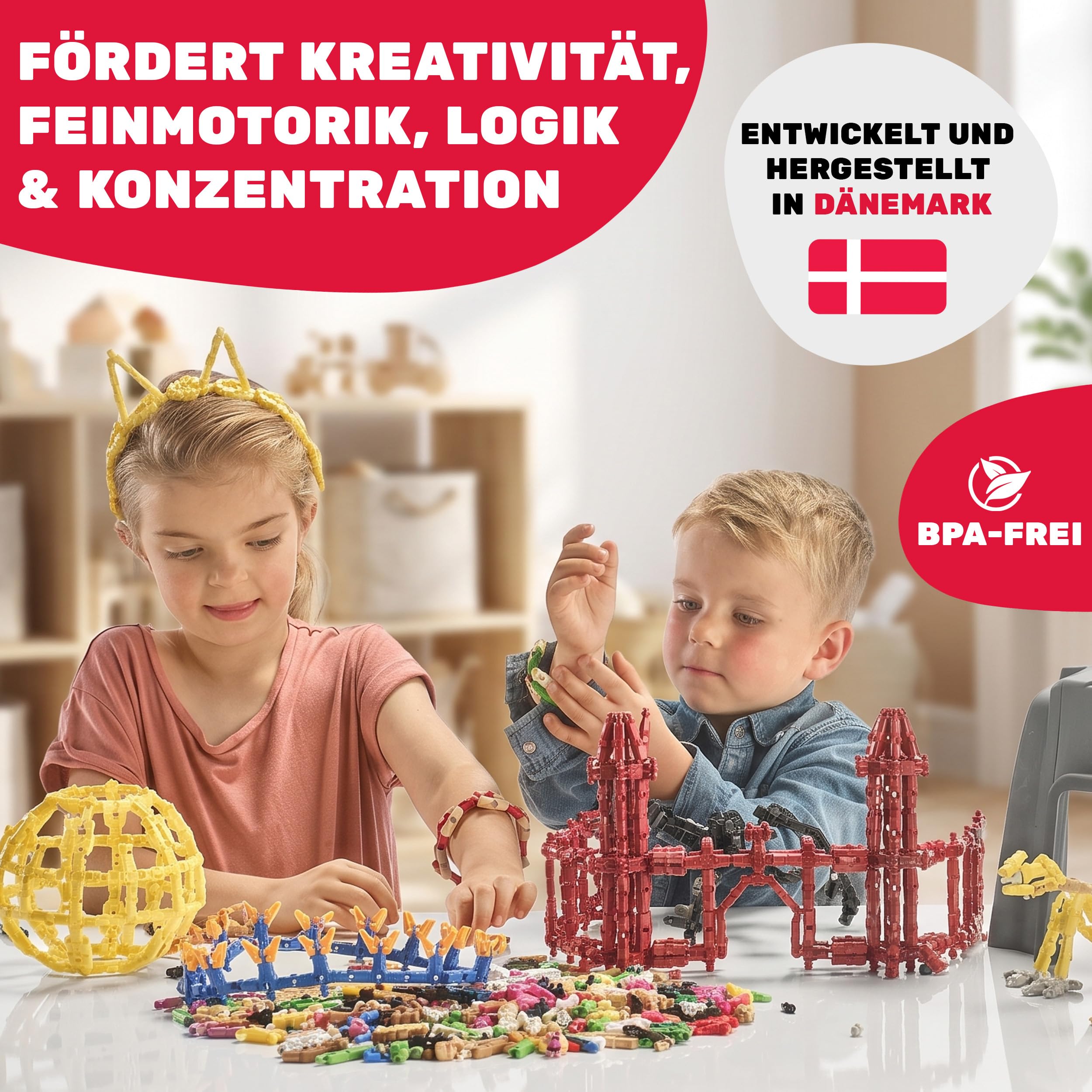 MakerZ Konstruktionsspielzeug für Kinder ab 5 Jahren - Kreativ-Bausteine mit verschiedenen Form-Elementen für 2D & 3D, STEM Lernspielzeug, Made in Denmark, BPA-FREI (270)