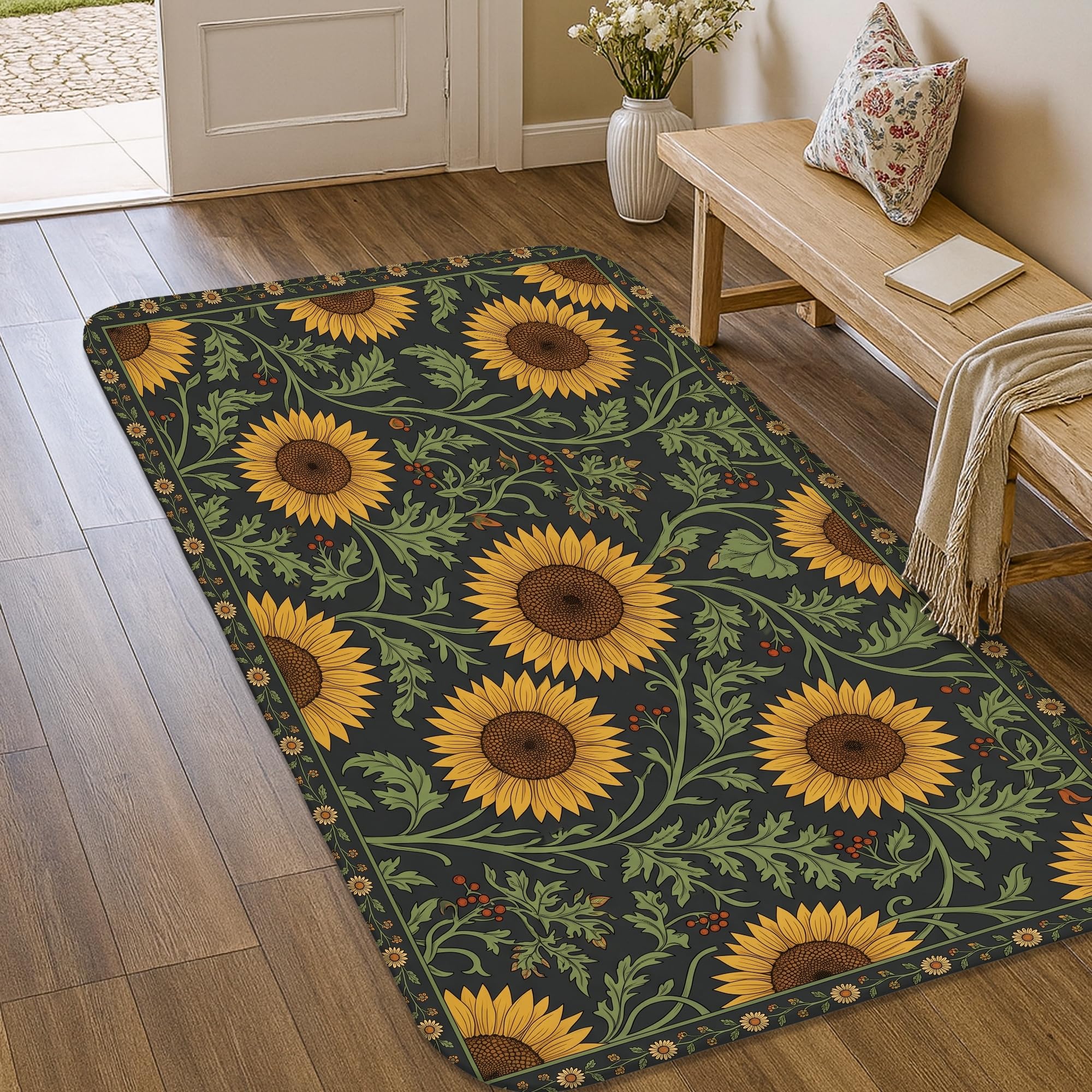 Alfombra antideslizante de girasol con reverso seguro para zonas húmedas y pasillos