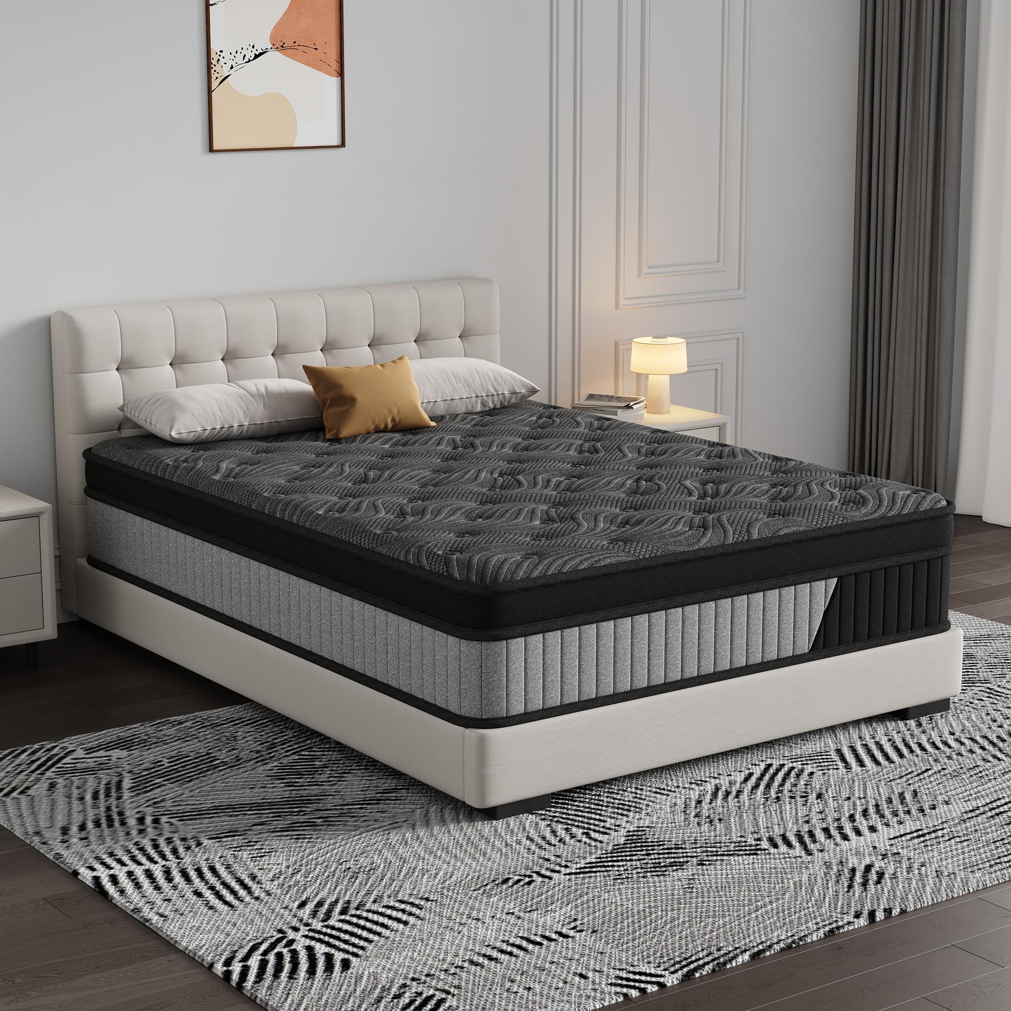 king size 12 inch hybrid mattress in a box, medium firm black and gray fabric cover with pocket spring and memory foam - breathable supportive cool sleep for back side stomach sleepers (12, king)