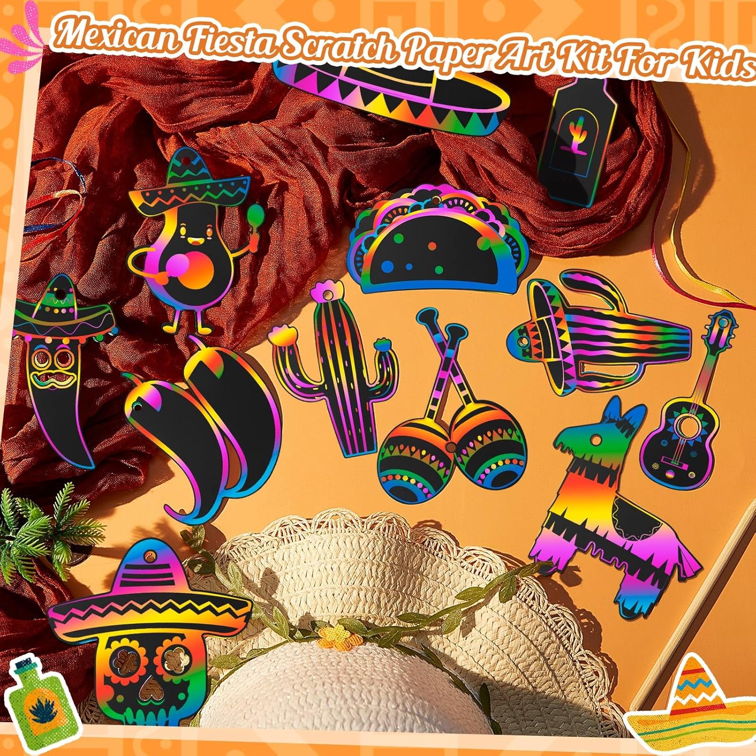 96 Pcs Mexican Fiesta Scratch Paper Cards Kit Gift Cinco De Mayo Paper Scratch Arts Crafts DIY Magic Colorful Hanging Ornaments for Mexican Fiesta Party Decorations Activity
