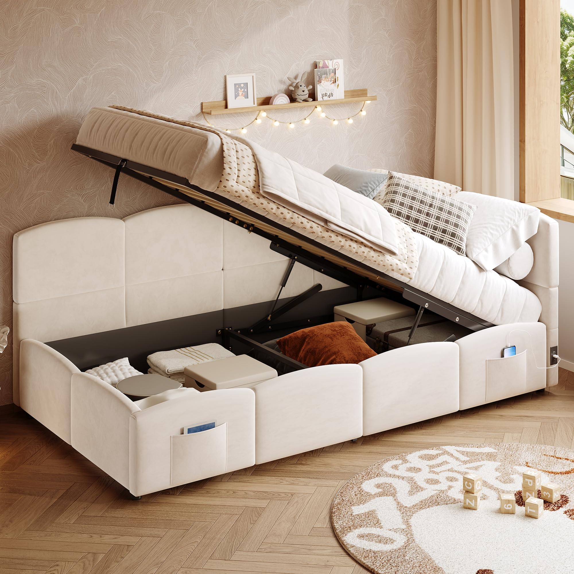 Merax Canapé-lit, rembourré, lit Simple, 90 x 200 cm, avec Espace de Rangement, Chargeur USB, Poche de Rangement et tête de lit, lit d'adolescent et Adulte, en Velours, Beige (sans Matelas)