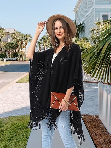 Vista 39 de Soul Young - Chal de punto para mujer, poncho con flecos y capa