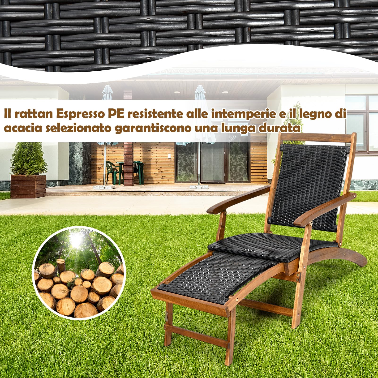COSTWAY Sedia a Sdraio da Esterno con Poggiapiedi Telescopico | Prendisole Pieghevole con Schienale e Sedile in Rattan e Struttura in Legno Massello per Giardino e Cortile, Portata 160 kg