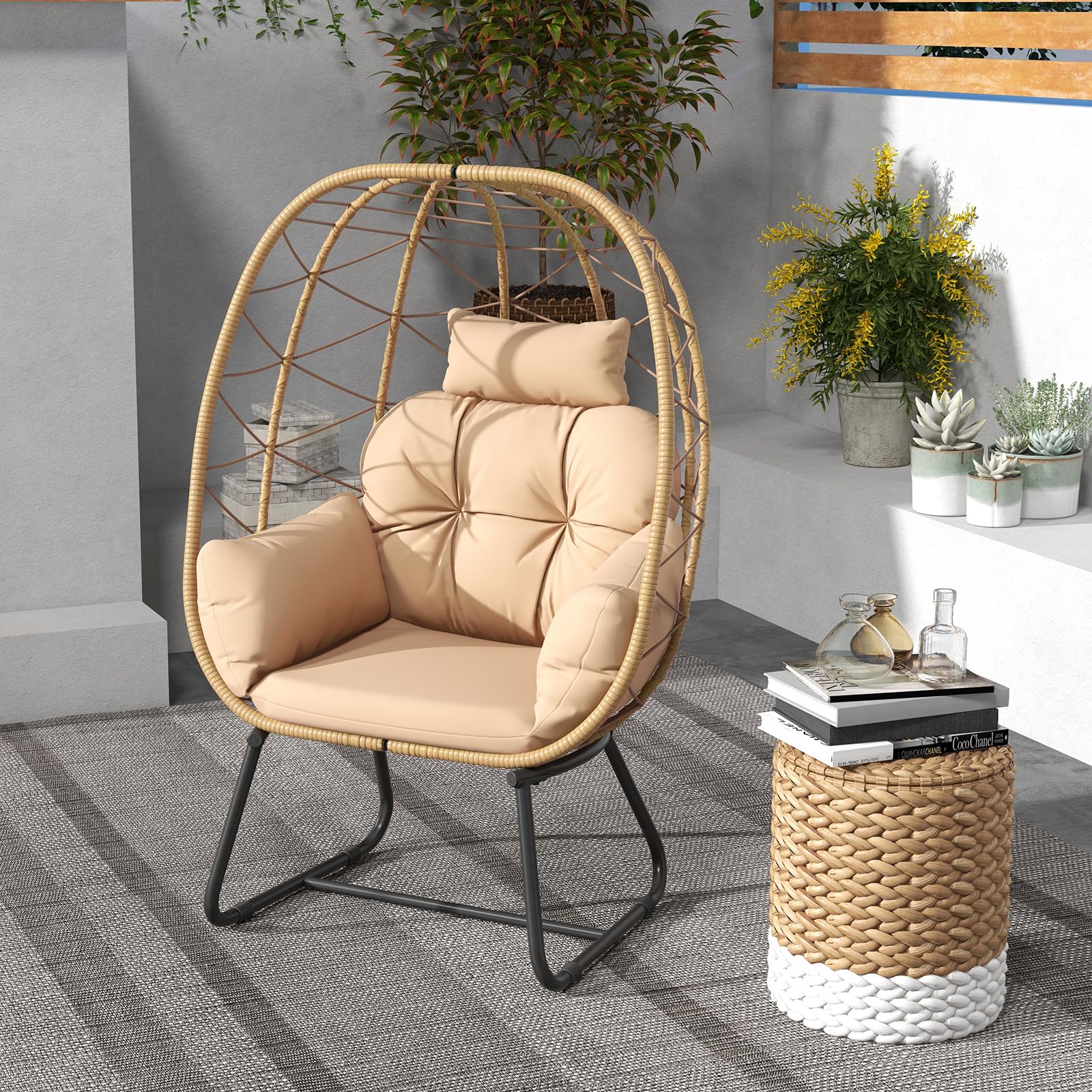 LIFEZEAL Silla Huevo de Mimbre, Sofá de Ratán para Jardín, Patio, Con Cojín Extraíble, Almohada, Soporte de Metal, para Balcón, Porche, Terraza (Beige)