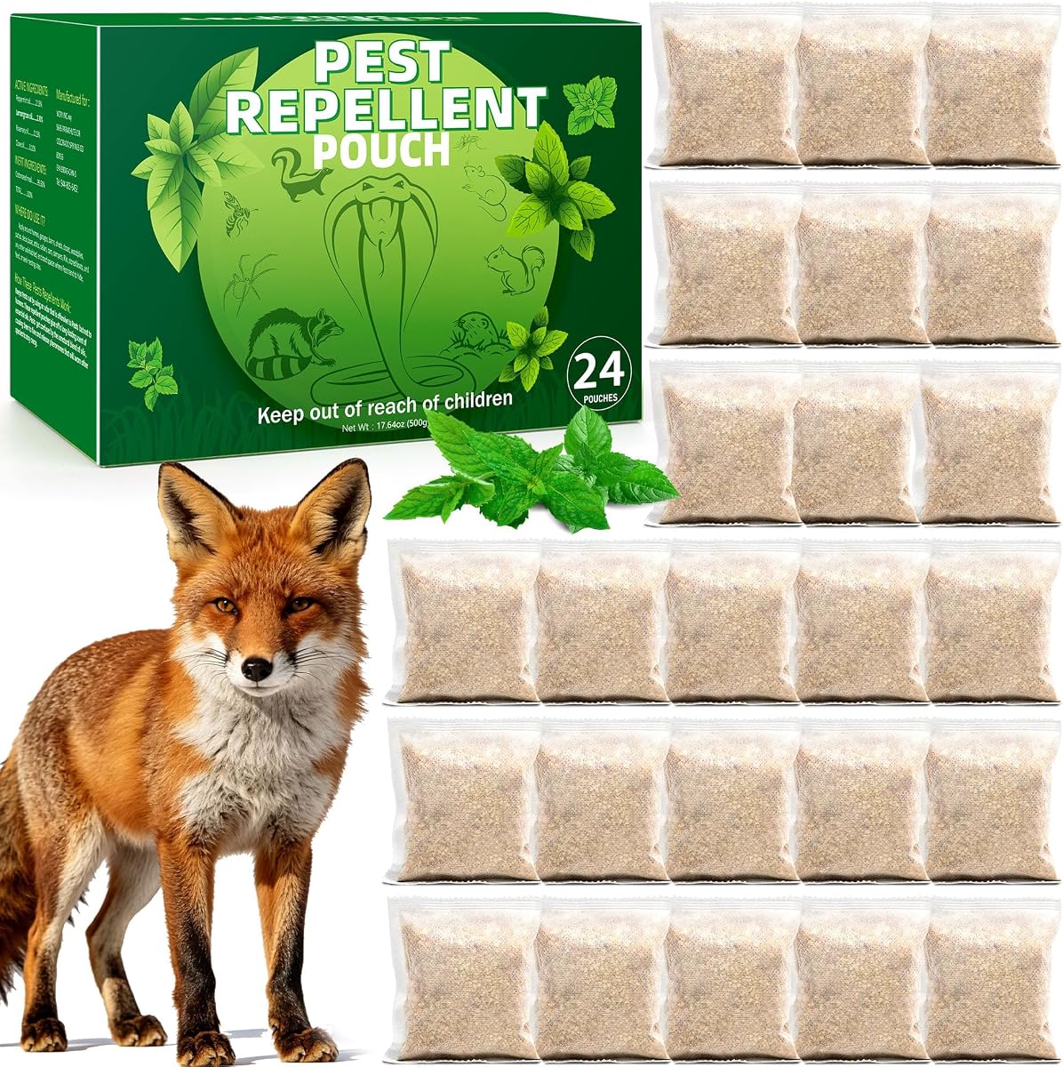24 Pack Peppermint Oil Fox Repellent - Natural Foxs Deterrent Long Lasting Protection, Fox Repellant Indoor Outdoor with Textile Pouch for Easy to Hanging, Orchard, Camping