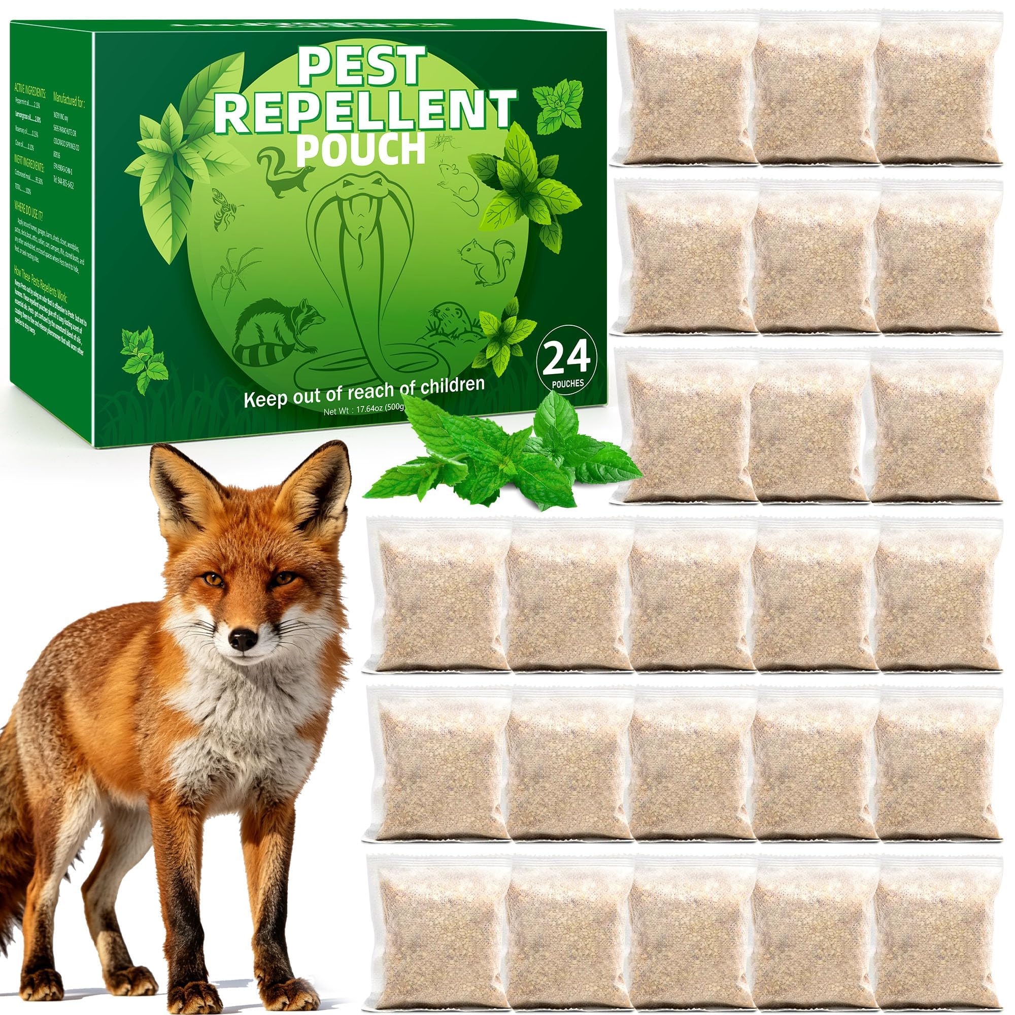 24 Pack Peppermint Oil Fox Repellent - Natural Foxs Deterrent Long Lasting Protection, Fox Repellant Indoor Outdoor with Textile Pouch for Easy to Hanging, Orchard, Camping