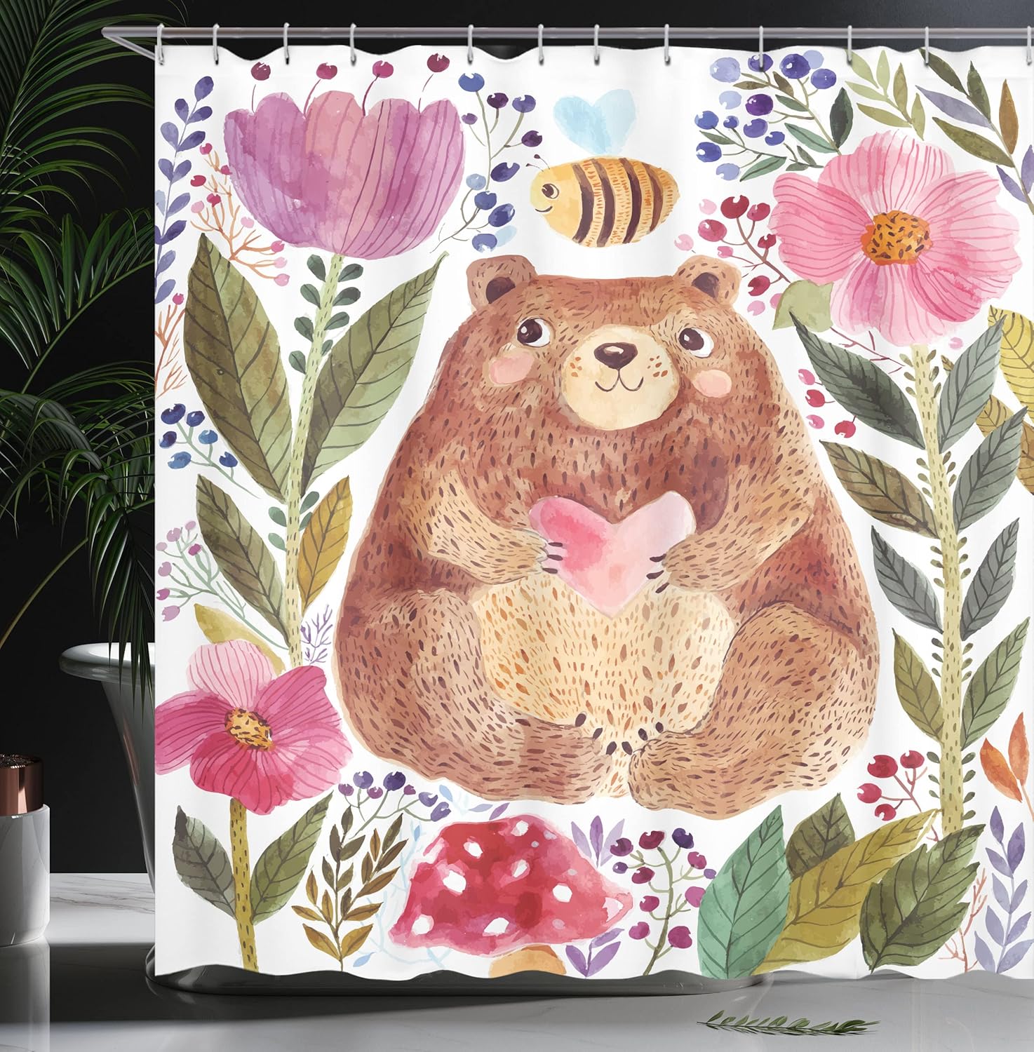 Ambesonne Watercolor Flower Shower Curtain, Bear Flowers and Bee Animal Nature Modern Illustration, Cloth Fabric Bathroom Decor Set with Hooks, 69" W x 70" L, Reseda Green Plum Soft Pink
