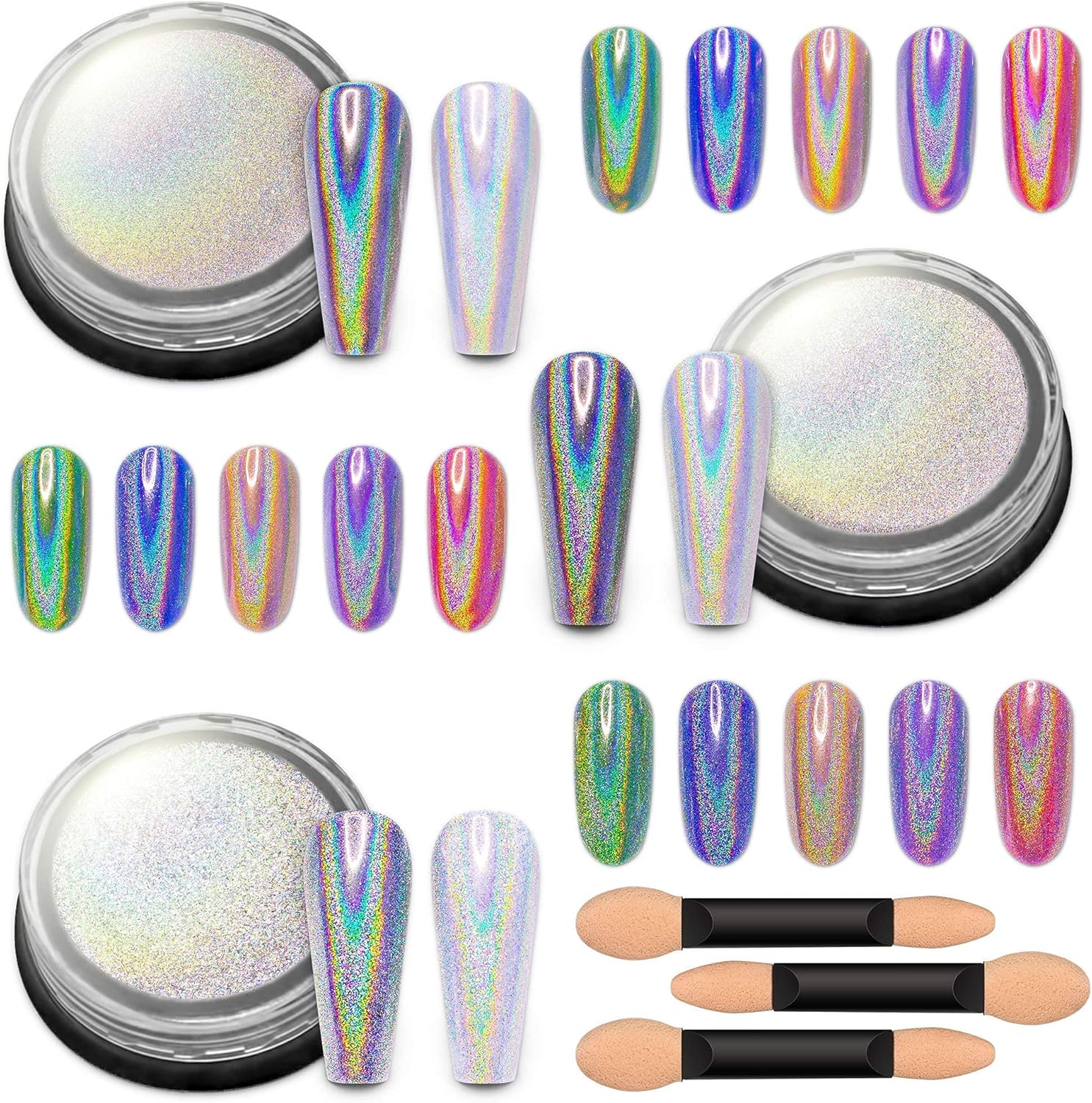 Artdone 3jars holographic nail powder chrome 1gram each,unicorn holo rainbow mirror effect 20um 35um 65um nail pigment kit for nail gel polish dipping nail art crome set : Beauty & Personal Care