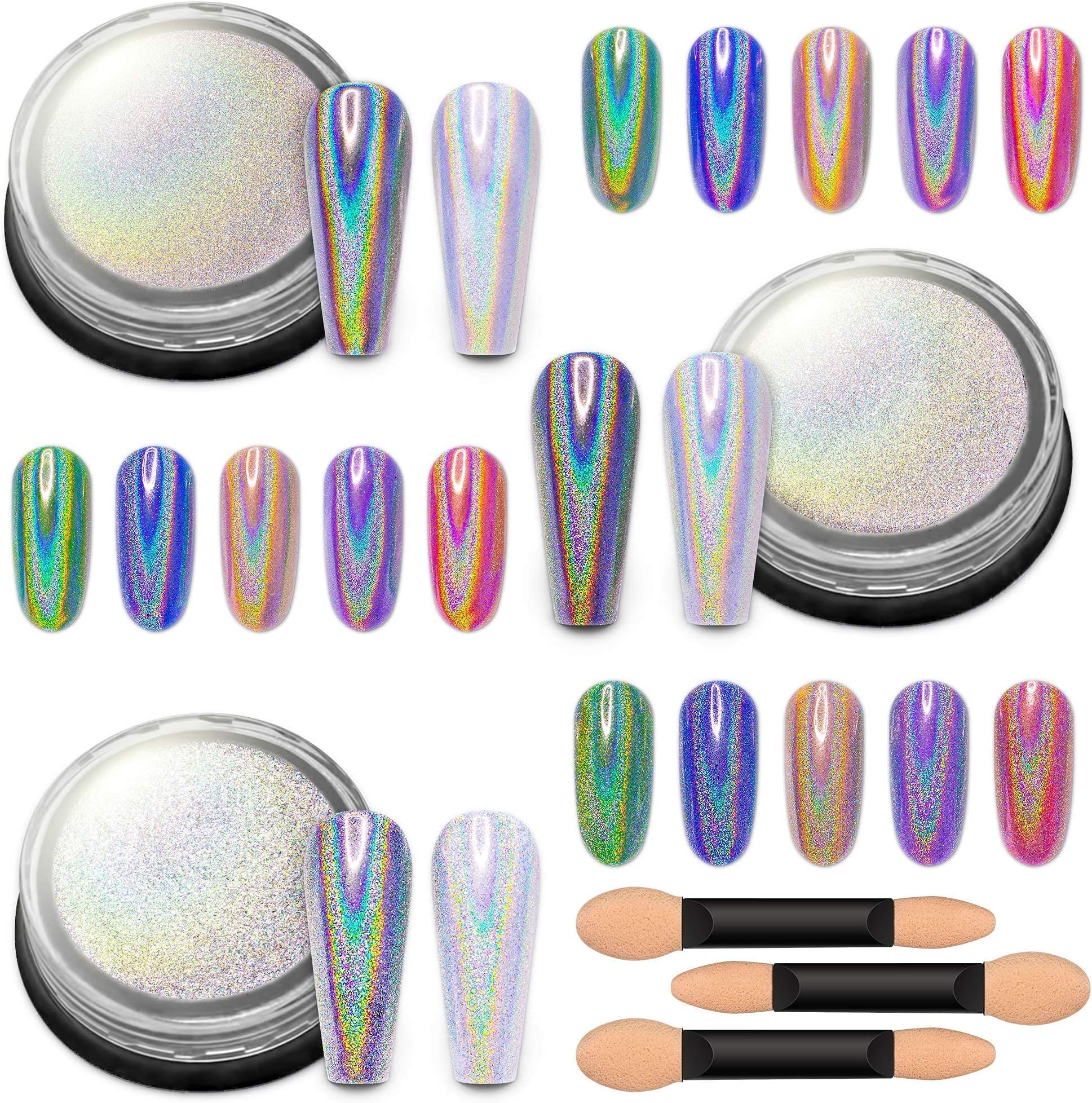 Artdone 3jars Holographic Nail Powder Chrome 1gram Each,Unicorn Holo Rainbow Mirror Effect 20um 35um 65um Nail Pigment kit for Nail Gel Polish Dipping Nail Art crome Set…