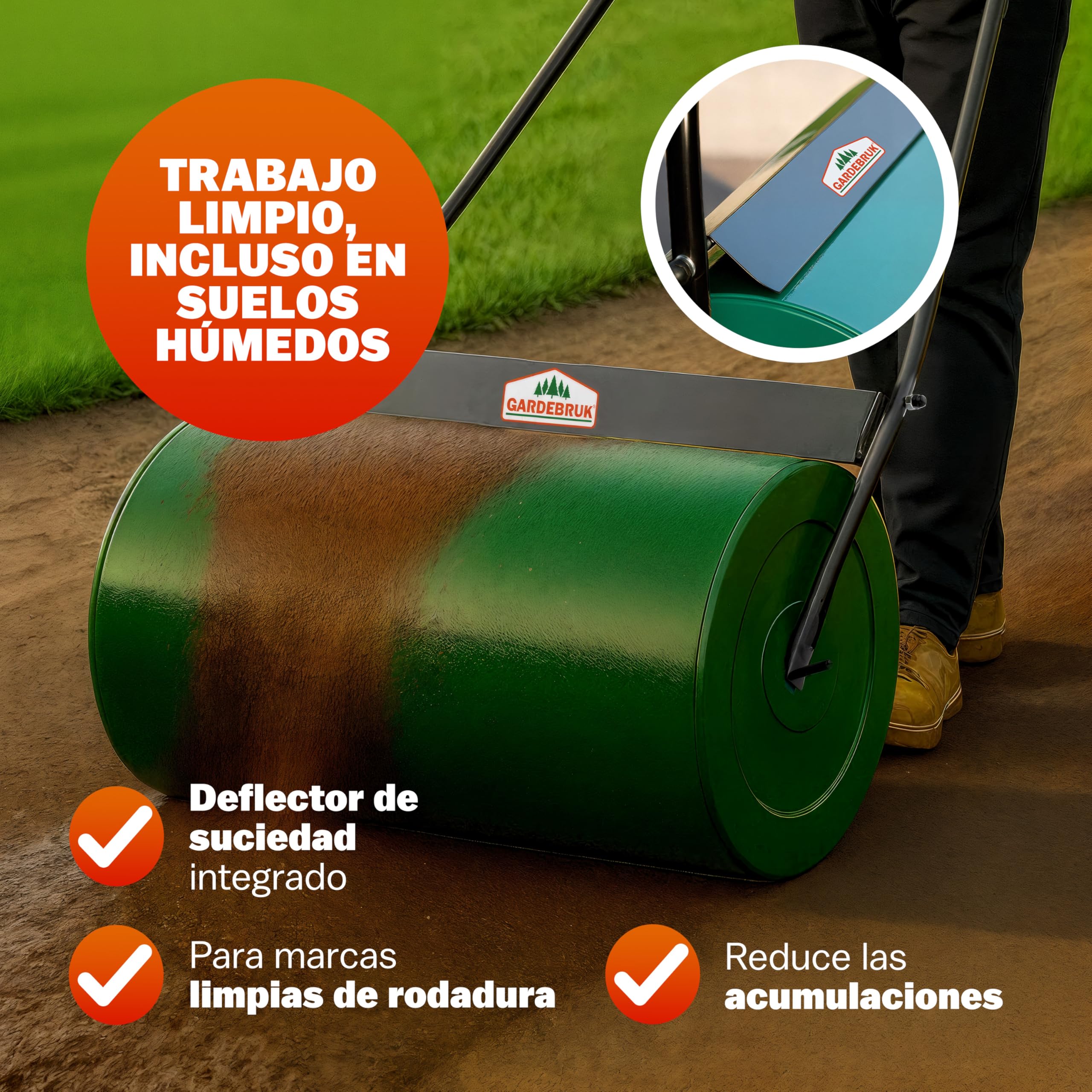 Gardebruk® Rodillo para Césped Grande 60cm, 50L, Aplanador de Tierra, Compactador Manual Huerto, Ergonómico, Alisar Prensar Terrenos, Apisonadora cesped Jardin