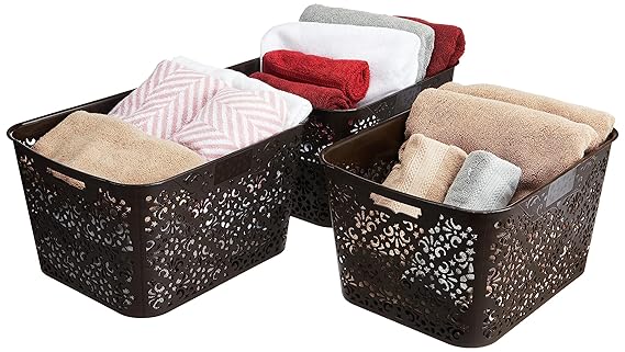 Amazon Brand - Solimo Plastic Royal Multipurpose Storage Basket - Large (Set Of 3,Brown) Rectangular
