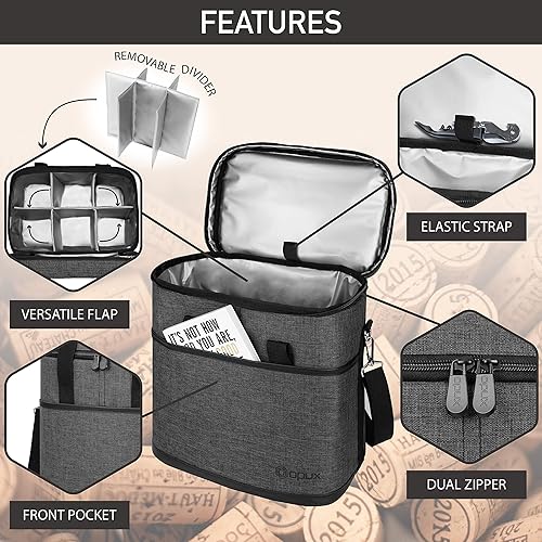 Miniatura 4 de OPUX Bolsa para 6 botellas  Bolsa térmica acolchada para enfriar vino para viajes. Picnic, BYOB  Bolsa portátil a prueba de fugas para cena, fiesta,