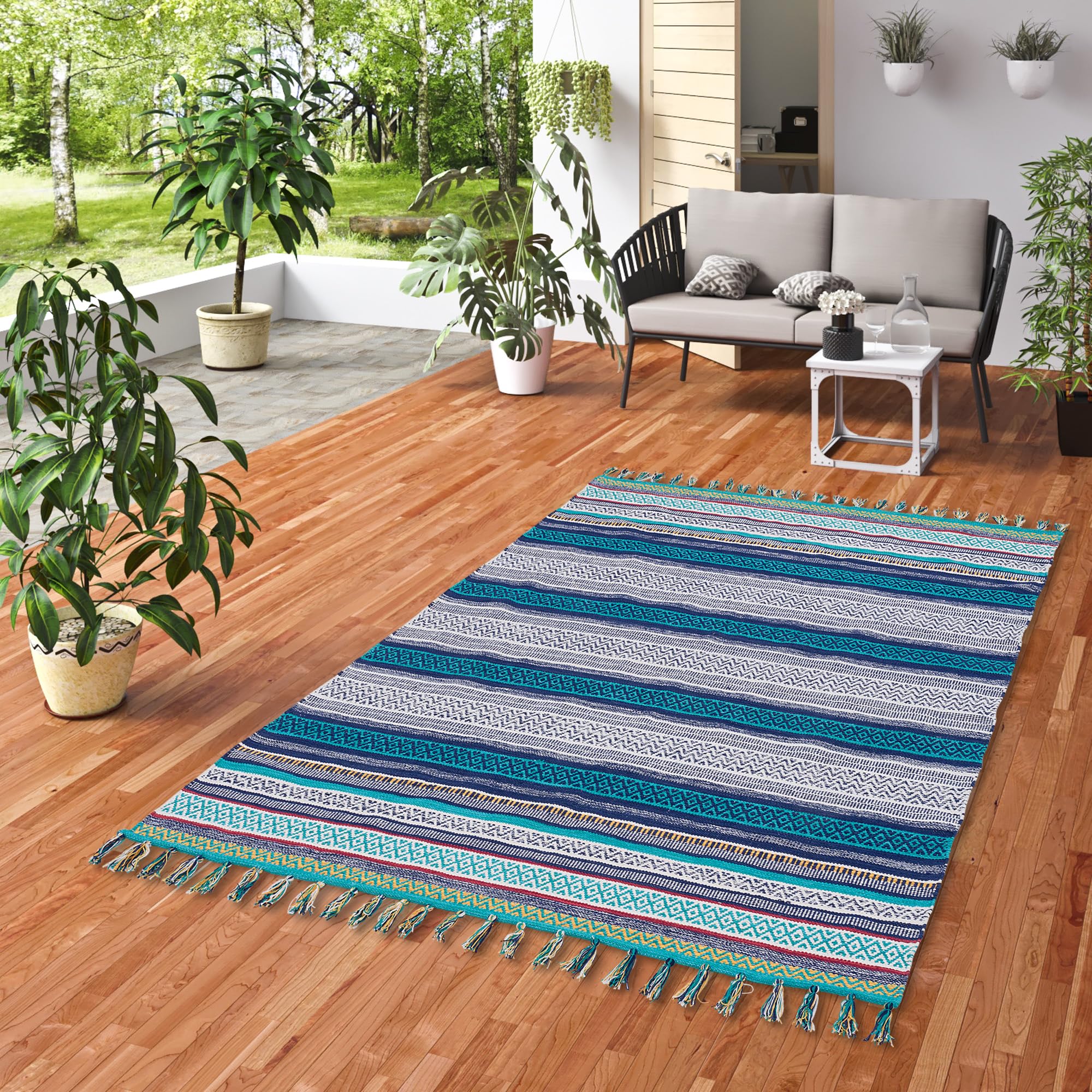 Kilim en Coton Tissé à la Main - Coloré, Multicolore en Bleu et Turquoise - Tapis Durable et Facile à Entretenir - Idéal pour Salon, Couloir et Cuisine - Tapis Écologique en Matières Naturelles