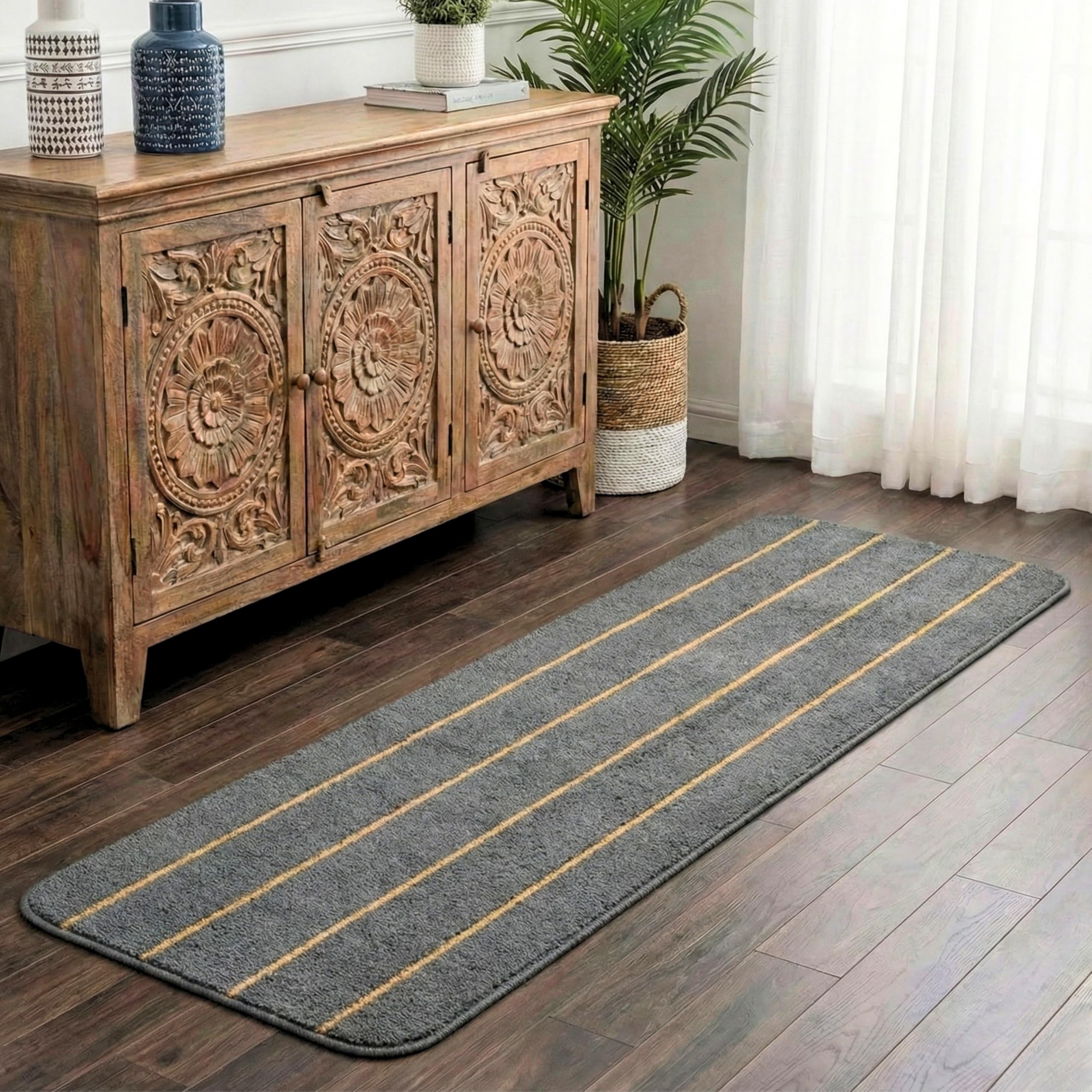 SARAL HOME EASY LIVING microfiber Rectangular Striped Soft PP Yarn Durable & Washable Multipurpose Runner for Home/Kitchen/Living Area/Office Entrance with Anti Skid Backing| (Dark Grey, 43 X 120 Cm)-picture-12