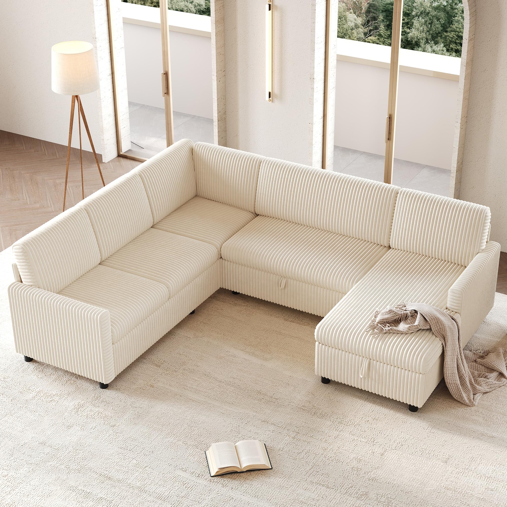 Sofá cama esquinero moderno en forma de L de 274 cm con función de dormir, sofá cama extensible, tela de pana gruesa, chaise longue con espacio de almacenamiento (beige)