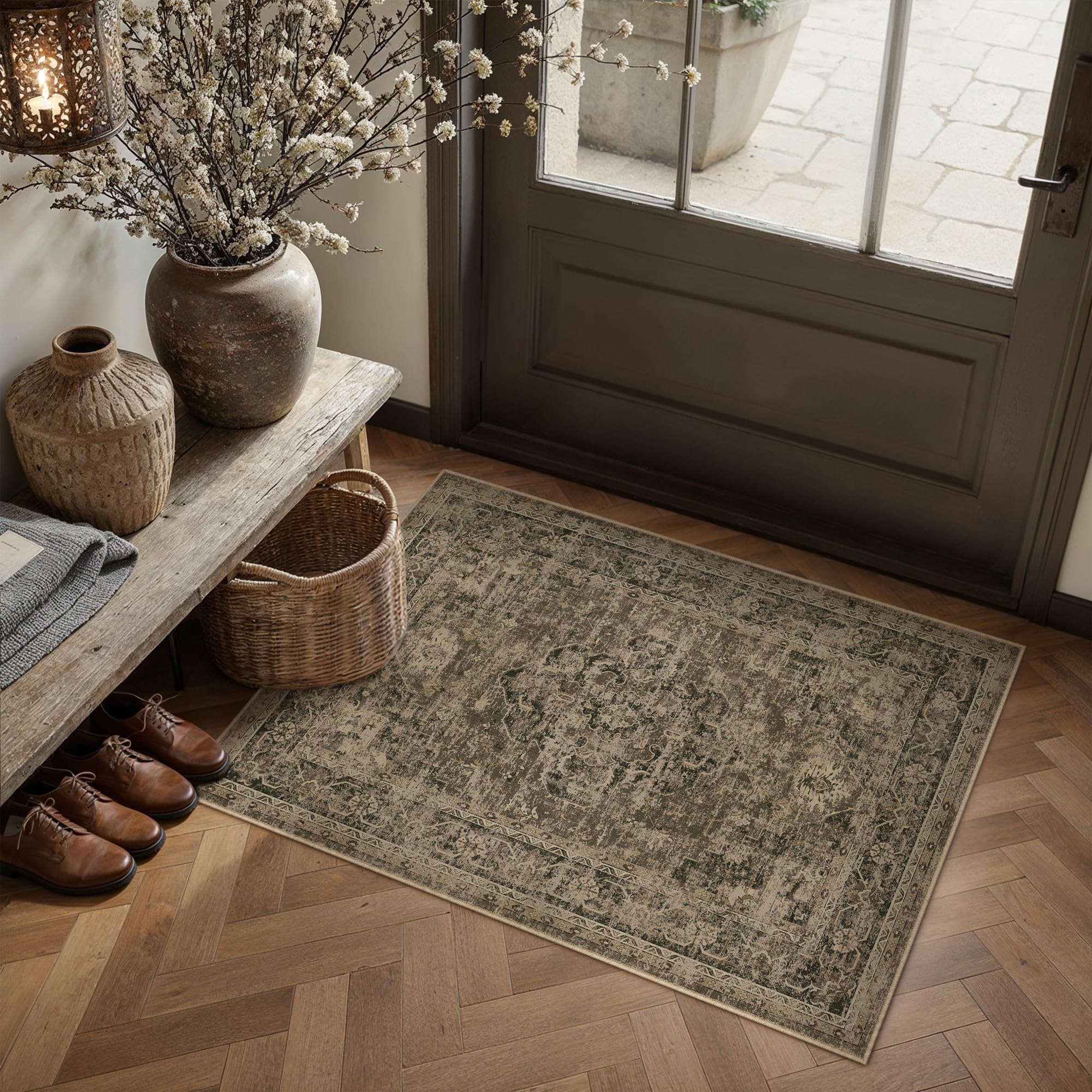 PureCozy Brown Small Entryway Rug 2x3 Vintage Oriental Distressed