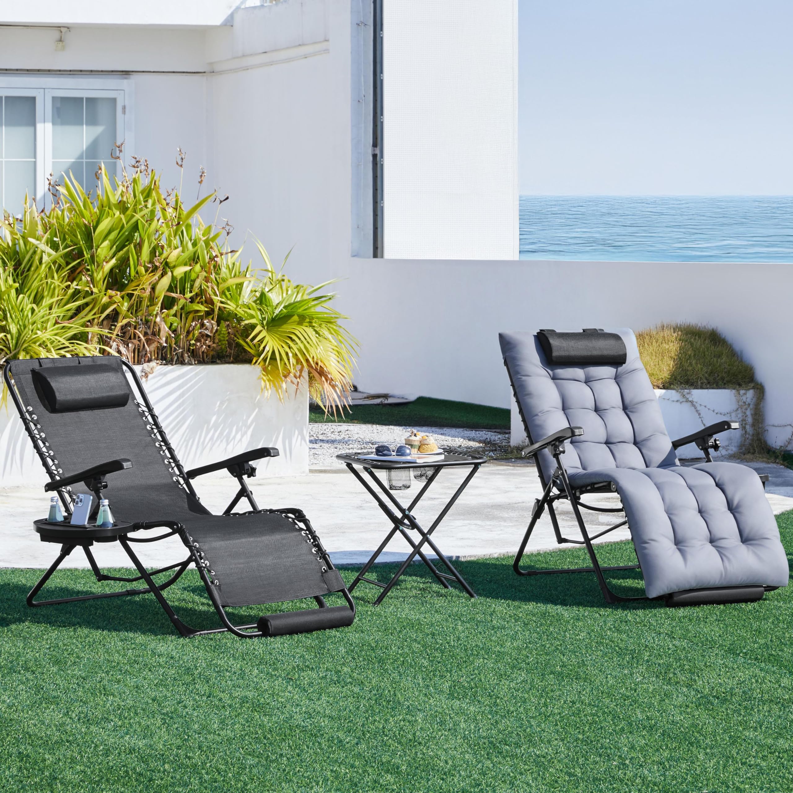 Yaheetech Tumbona Plegable y Resistente, Tumbonas Jardin Exterior, Capacidad de Carga 200kg, Tapizado Ergonómico, Respaldo Ajustable, Cojín Cervical, Portavasos y Cojín, Gris Oscuro/Negro