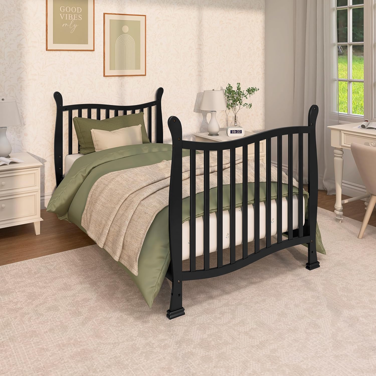 Dream On Me Violet 4-In-1 Convertible Mini Crib In Black, Greenguard Gold Certified, BSA Certified, 3 Position Mattress Height Settings, Non-Toxic Finish