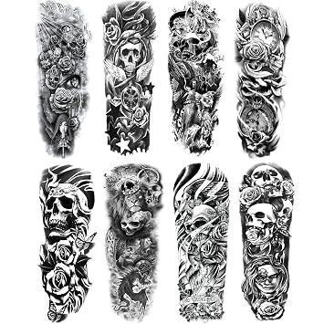 Skull Sleeve Tattoo Stickers Fake Black Skull Full Arm Temporary Tattoos Sleeves for Adult Kids Women Makeup, 8-Sheet