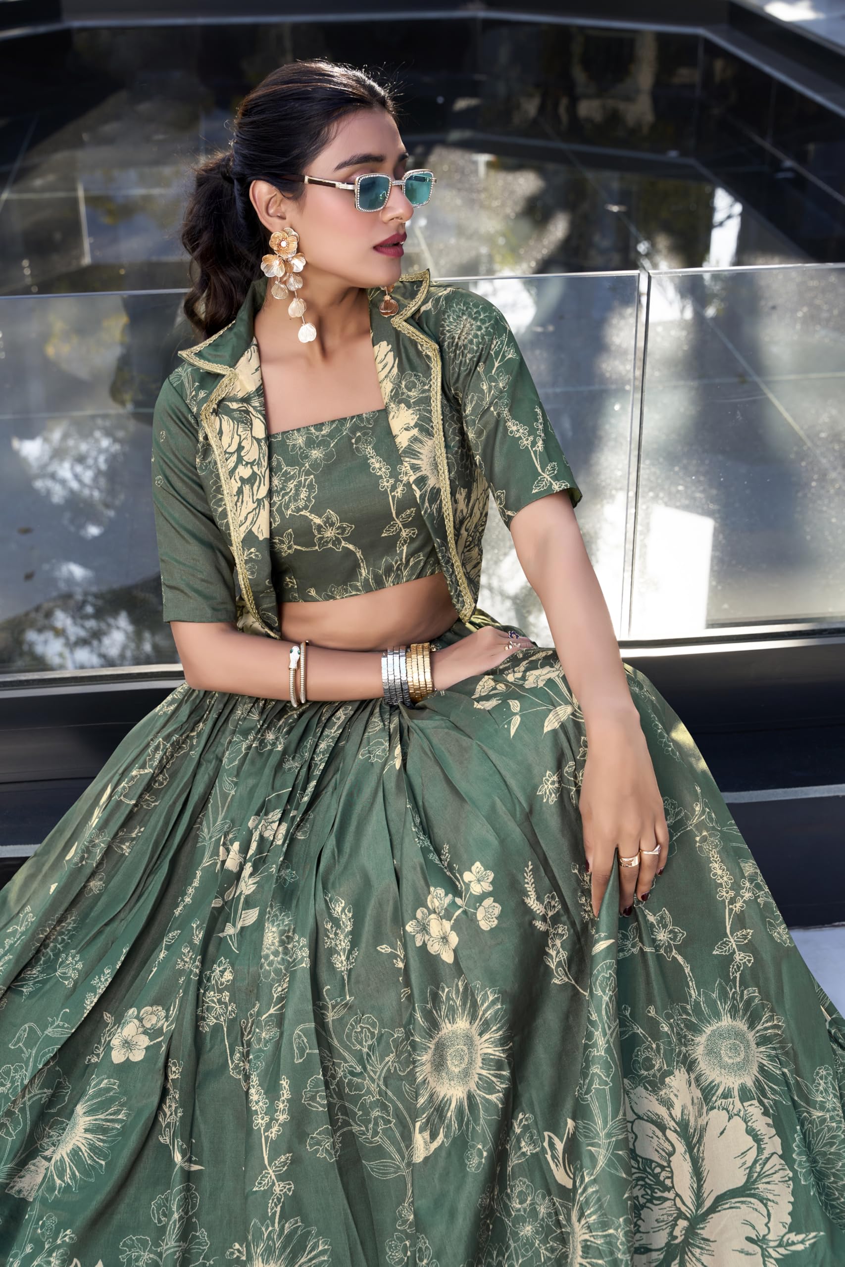 LooknBook Women's Tussar Silk Ready to Wear Stitched Lehenga Choli Set with Heavy Tassels Koti and Foil Printed Floral Pattern - Image 2 thumbnail