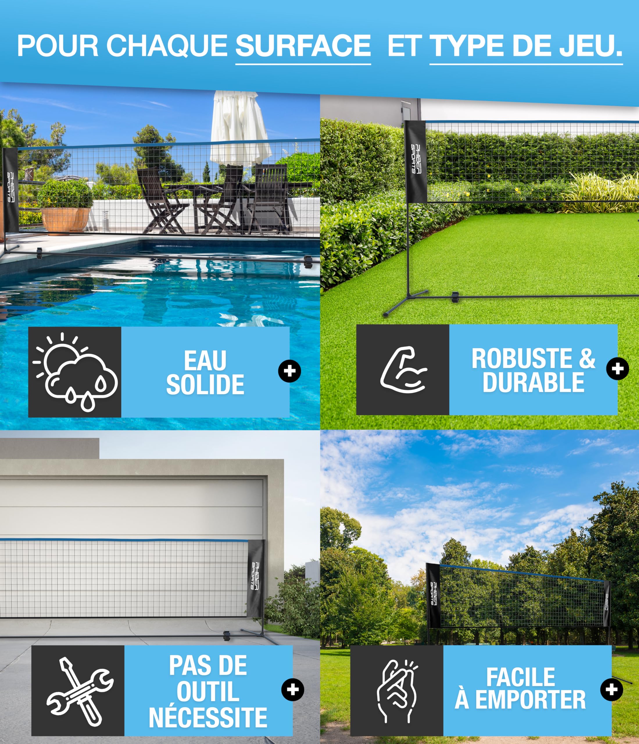 PHIBER-SPORTS Filet de badminton - 420 cm - Réglable en hauteur sur 3 positions + tableau d'affichage - Également comme filet de tennis, filet de volley-ball, piscine et tennis de football - Sac de