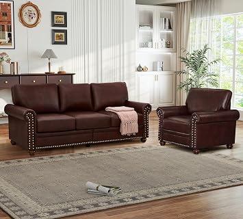 Antetek 2-Piece Comfy Upholstered Faux Leather Sofa Couch Set, Mid-Century Modern Single Sofa Chair1 Unit + 3 Seater Couch1 Unit with Storage Space for Living Room, Furniture Set, Red Brown