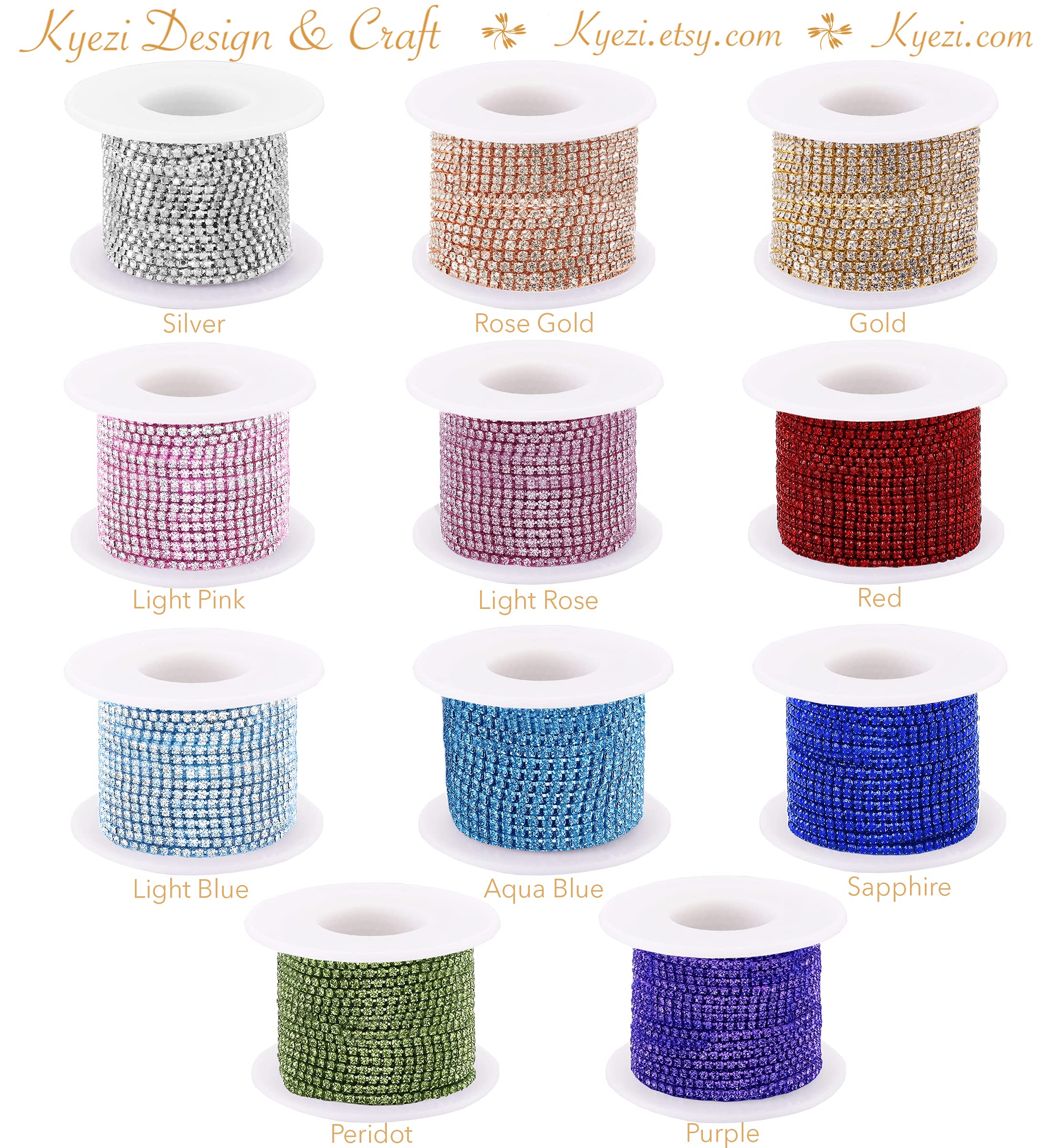 3mm Rhinestone Chain Claw by Yard with Glass Clear Crystal Choose Colors DIY Sparkling Accessories (Mixed Random Colors, 10 Yards)