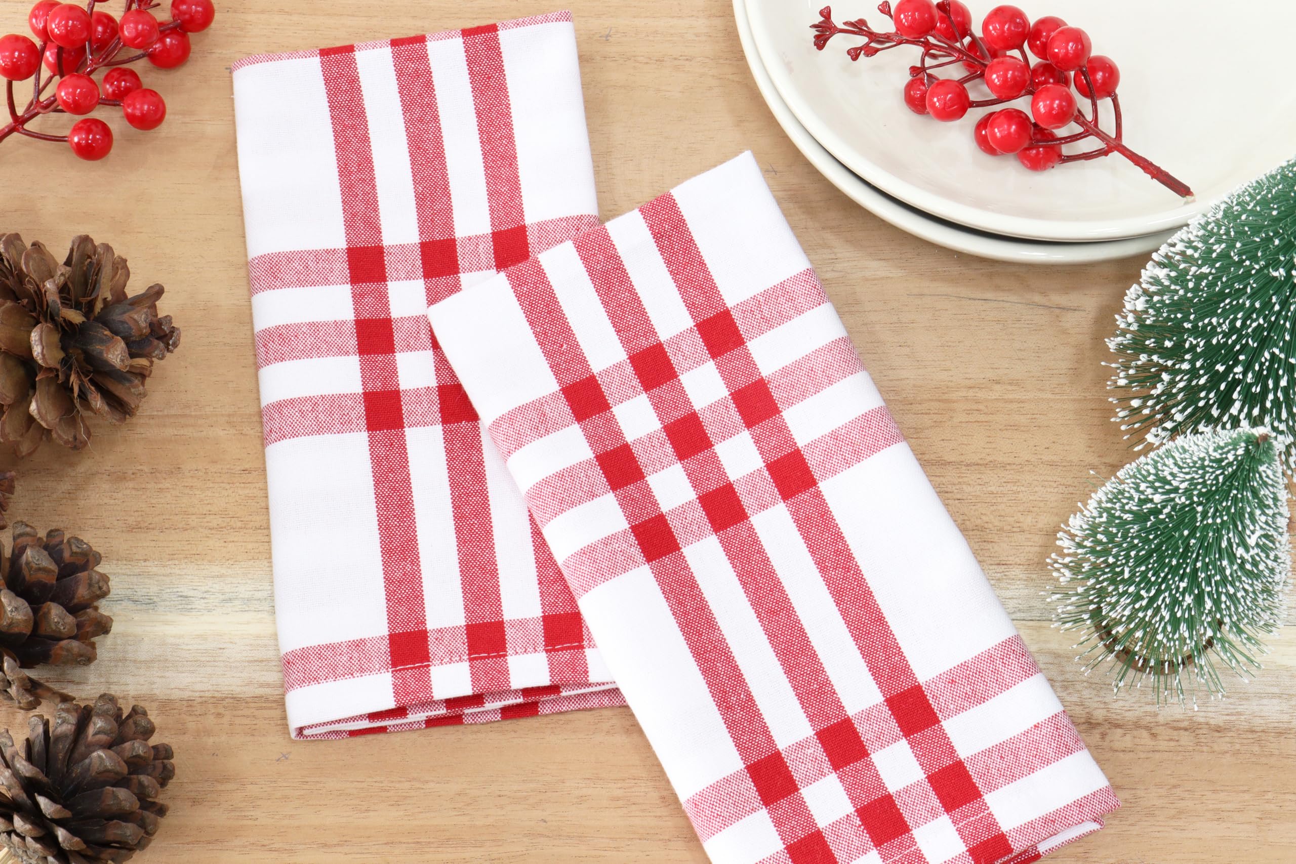 PurpleEssences Homestead Plaid Set of 12 Cloth Dinner Napkins 100% Cotton 18x18 - Soft Durable Washable - Ideal for Farmhouse Party Wedding Spring Summer Easter - Red and White