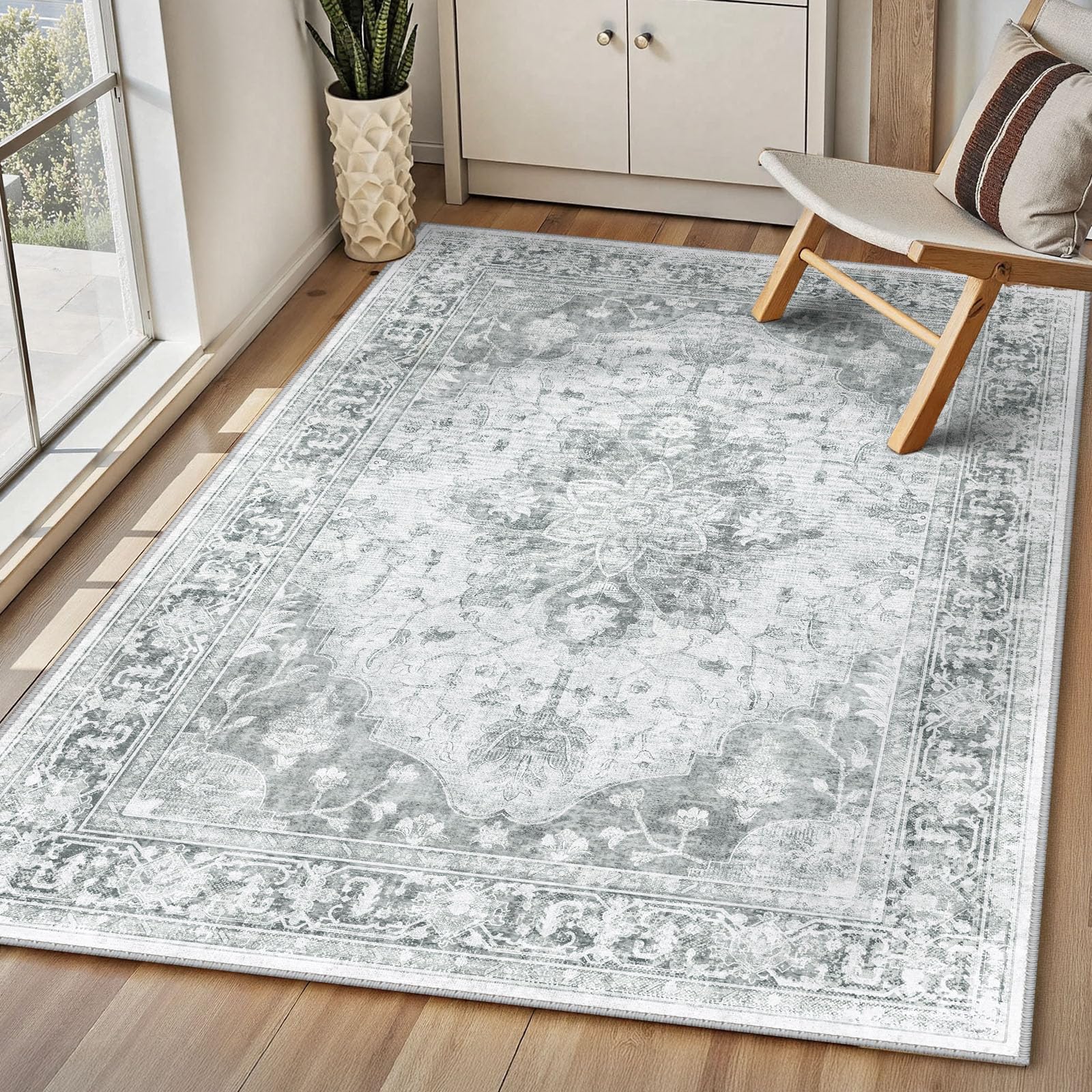 INOVADAY Machine Washable Rugs 90x150 cm Vintage Area Rug Low Pile Anti-Slip Carpet with Print Pattern for Living Room Bedroom Home Office Indoor Lightgrey โ image 1