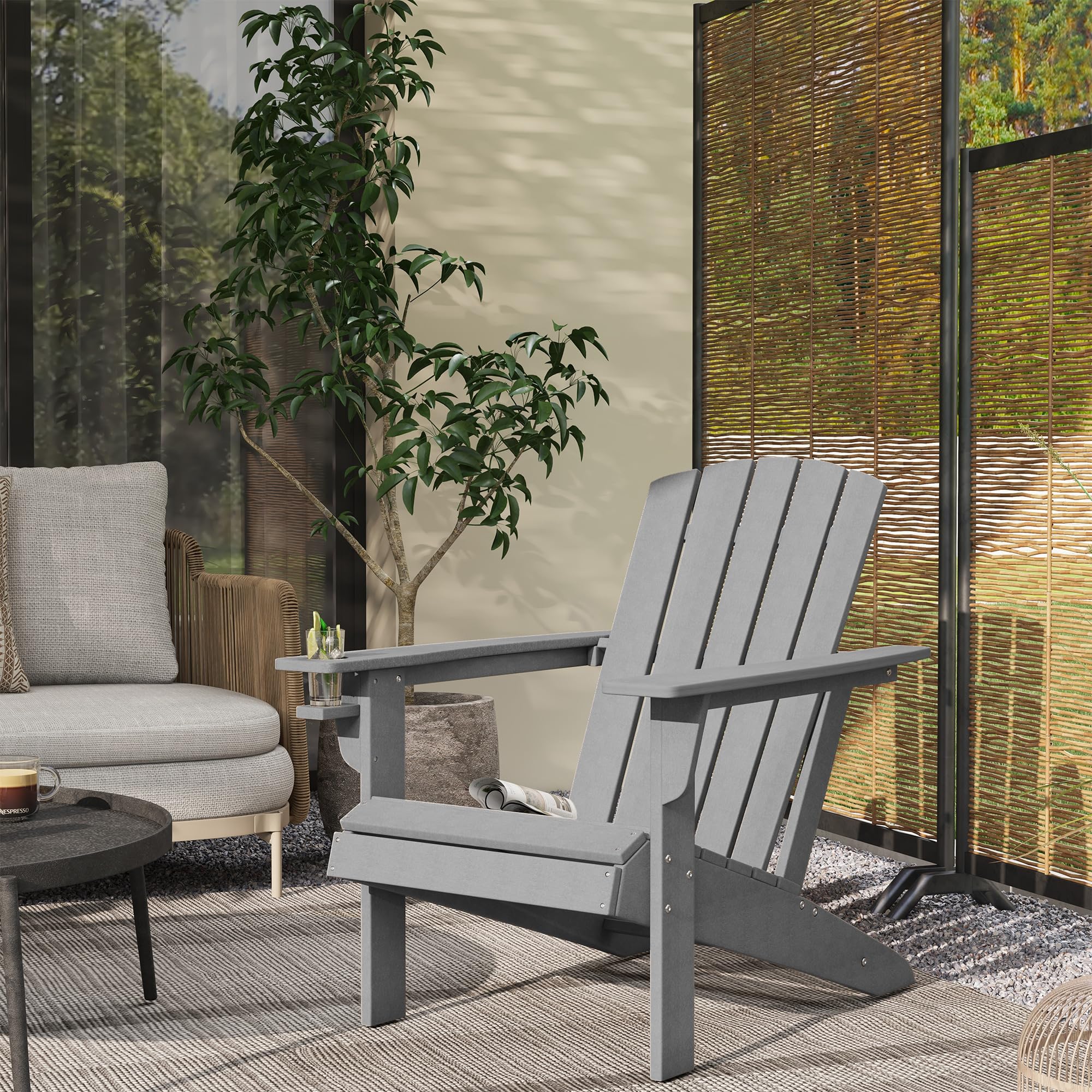 Outsunny Gartenstuhl mit Getränkehalter, Terrassenstuhl, Gartensessel, Gartenmöbel, Balkonstuhl, Adirondack, Grau, HDPE, 75 x 87 x 90 cm