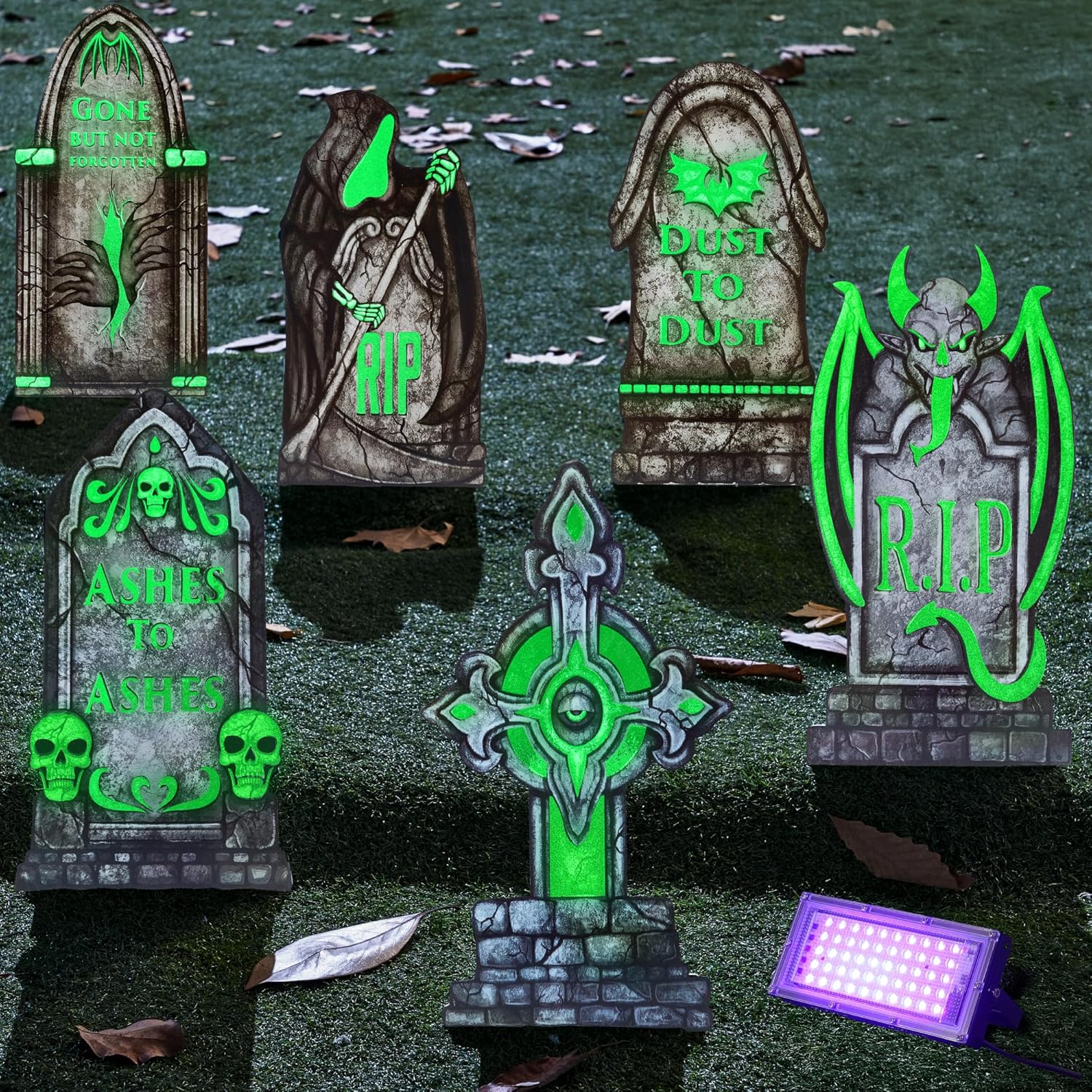 JOYIN 15.7” Halloween Decorations Outdoor Graveyard Tombstones Fluorescent, 7 Pcs Glow in The Dark with Black Light Spotlight Headstone with 12 Metal Stakes, Tombstone for Cemetery Outside Yard Decor